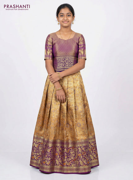 Pure silk tissue unstitched kids lehenga dual shade of orange and purple with allover silver zari woven brocade weaves and long zari woven border