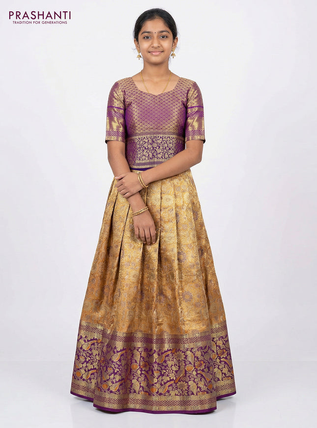 Pure silk tissue unstitched kids lehenga dual shade of orange and purple with allover silver zari woven brocade weaves and long zari woven border