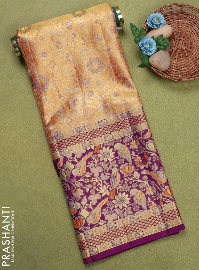 Pure silk tissue unstitched kids lehenga dual shade of orange and purple with allover silver zari woven brocade weaves and long zari woven border