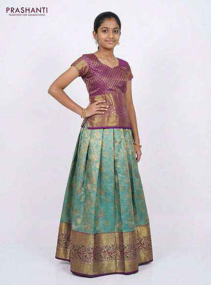 Pure silk tissue unstitched kids lehenga teal blue and purple with allover zari woven brocade weaves and long zari woven border