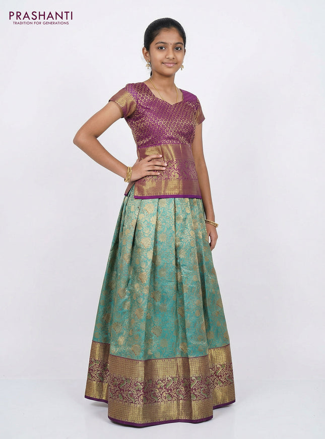 Pure silk tissue unstitched kids lehenga teal blue and purple with allover zari woven brocade weaves and long zari woven border