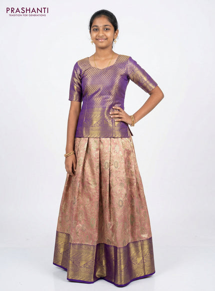 Pure silk tissue unstitched kids lehenga pastel peach pink and violet with allover zari woven brocade weaves and long zari woven border