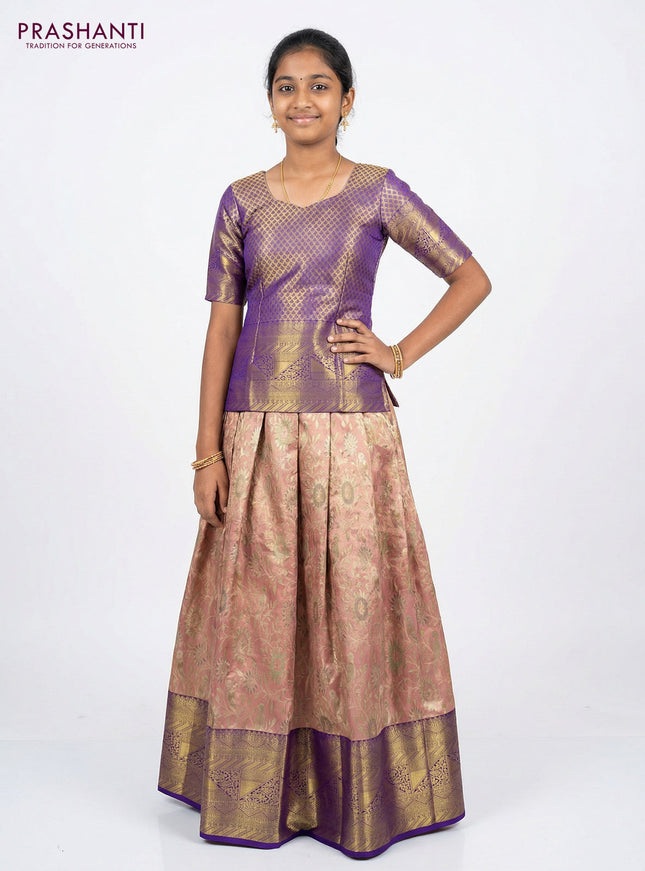 Pure silk tissue unstitched kids lehenga pastel peach pink and violet with allover zari woven brocade weaves and long zari woven border