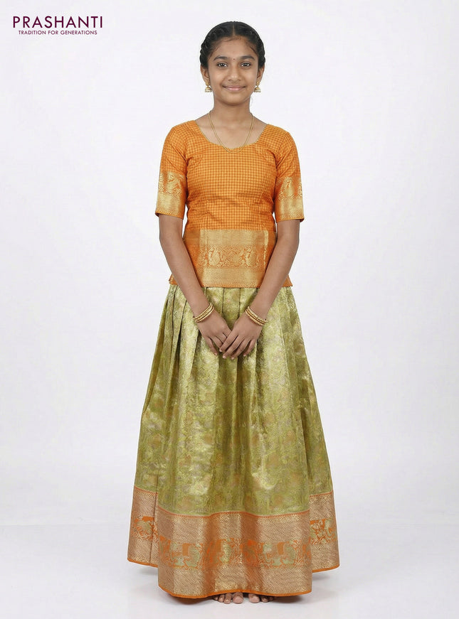 Pure silk tissue unstitched kids lehenga lime yellow and orange with allover silver zari woven brocade weaves and long zari woven border