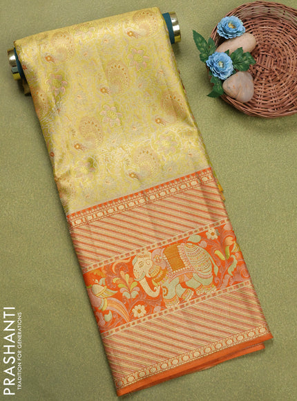 Pure silk tissue unstitched kids lehenga lime yellow and orange with allover silver zari woven brocade weaves and long zari woven border