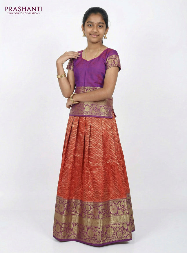 Pure silk unstitched kids lehenga dark pink and purple with allover silver zari woven brocade weaves and long floral zari woven border