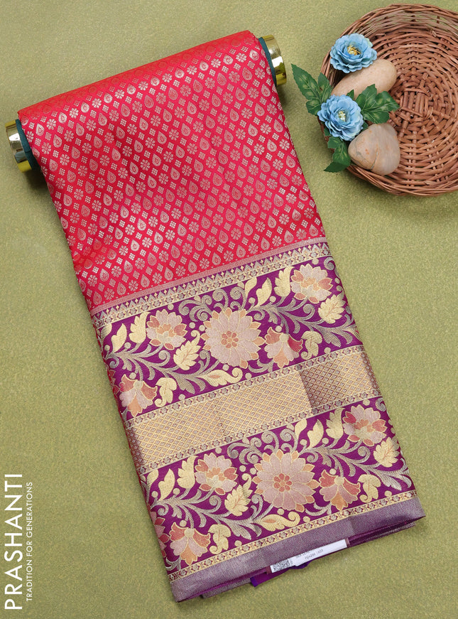 Pure silk unstitched kids lehenga dark pink and purple with allover silver zari woven brocade weaves and long floral zari woven border