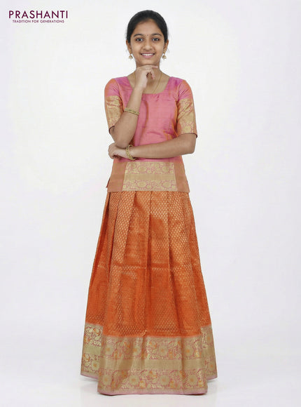 Pure silk unstitched kids lehenga orange and dual shade of lotus pink with allover silver zari woven brocade weaves and long floral zari woven border