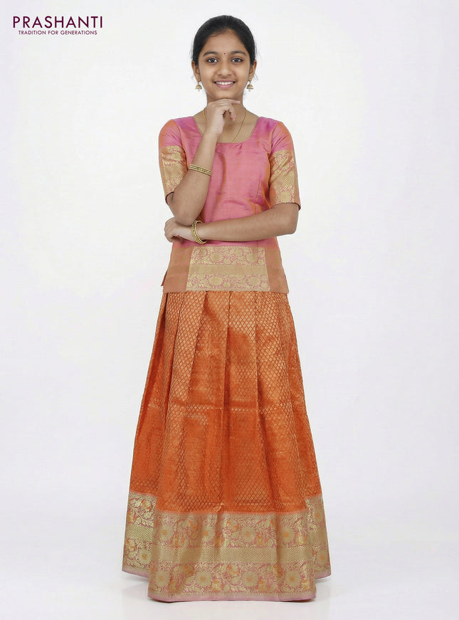 Pure silk unstitched kids lehenga orange and dual shade of lotus pink with allover silver zari woven brocade weaves and long floral zari woven border