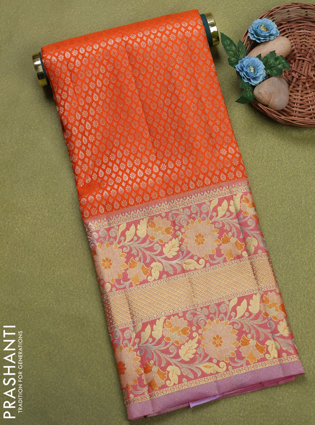 Pure silk unstitched kids lehenga orange and dual shade of lotus pink with allover silver zari woven brocade weaves and long floral zari woven border
