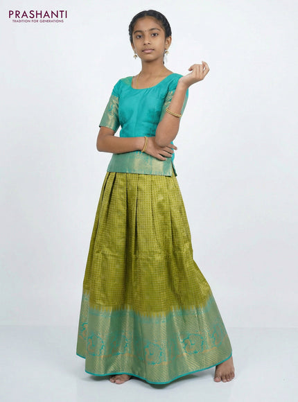 Pure silk unstitched kids lehenga lime yellow and teal blue with allover zari woven brocade weaves and long zari woven border