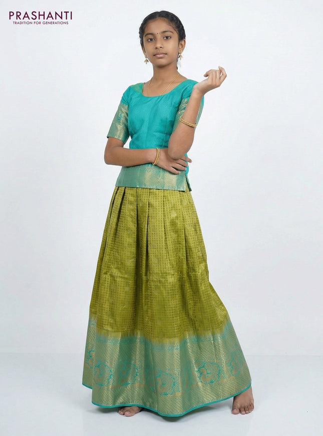 Pure silk unstitched kids lehenga lime yellow and teal blue with allover zari woven brocade weaves and long zari woven border