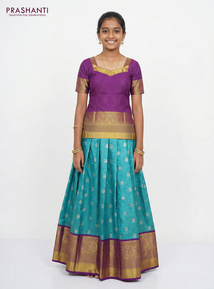 Pure silk unstitched kids lehenga teal blue and purple with allover zari woven brocade weaves and long zari woven border
