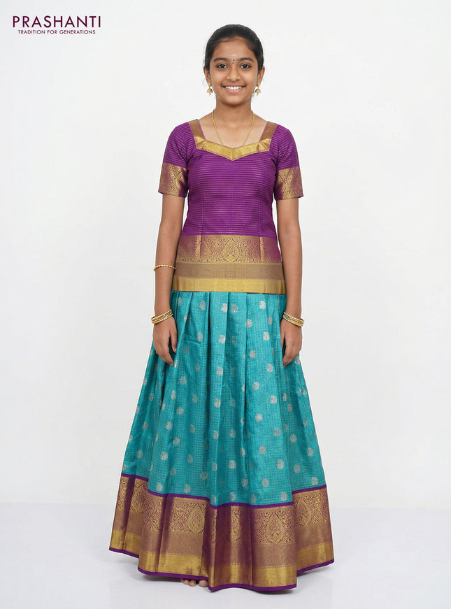 Pure silk unstitched kids lehenga teal blue and purple with allover zari woven brocade weaves and long zari woven border