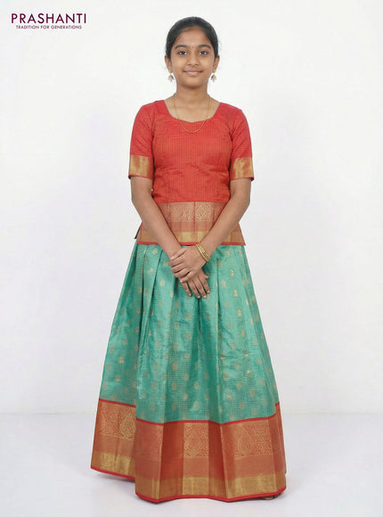 Pure silk unstitched kids lehenga teal green shade and dual shade of pinkish orange with allover zari woven brocade weaves and long zari woven border