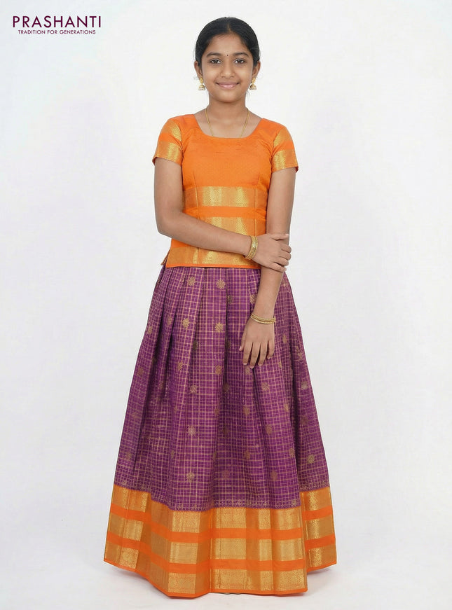 Pure silk unstitched kids lehenga purple and orange with allover zari woven brocade weaves and long zari woven border