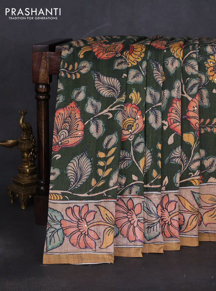 Semi tussar saree green and mustard yellow with allover kalamkari prints and mirror work