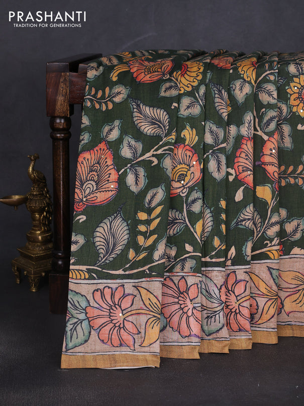 Semi tussar saree green and mustard yellow with allover kalamkari prints and mirror work