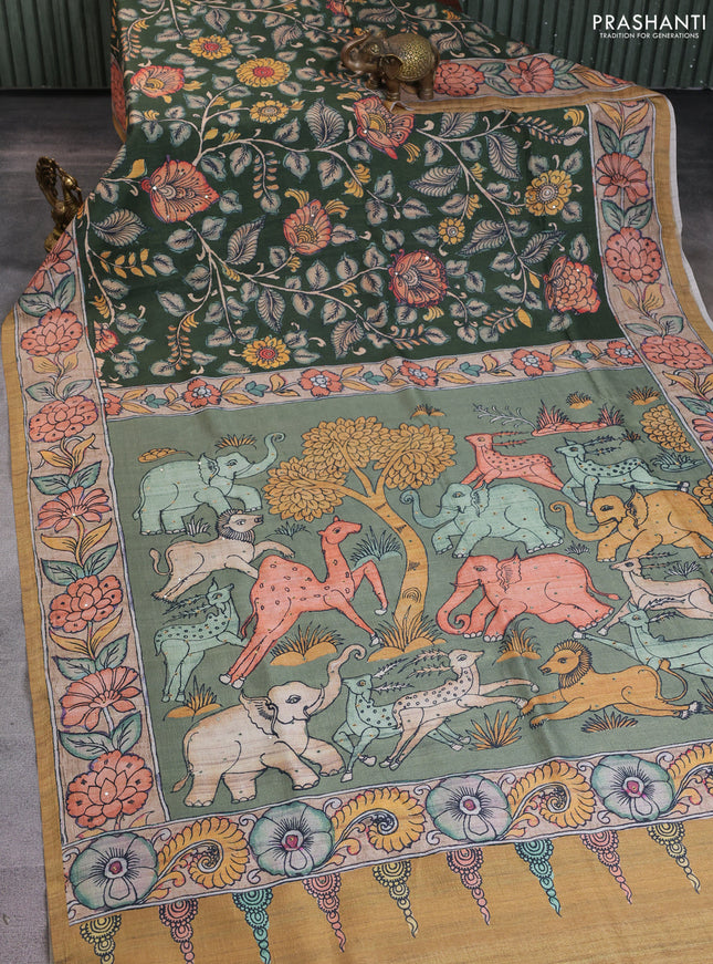 Semi tussar saree green and mustard yellow with allover kalamkari prints and mirror work