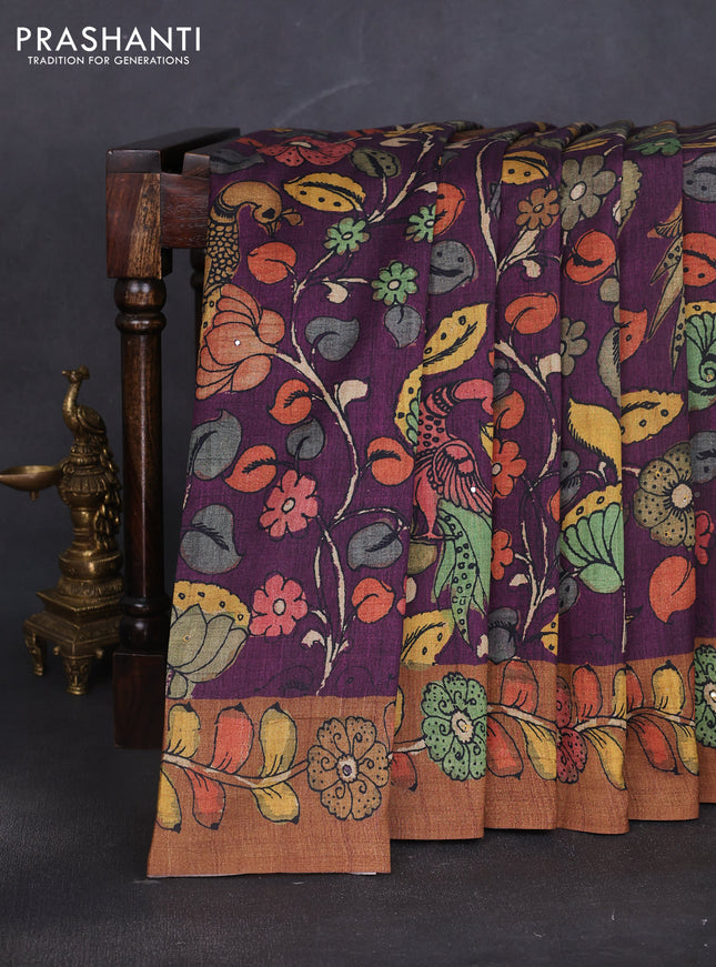 Semi tussar saree purple and brown with allover kalamkari prints and mirror work
