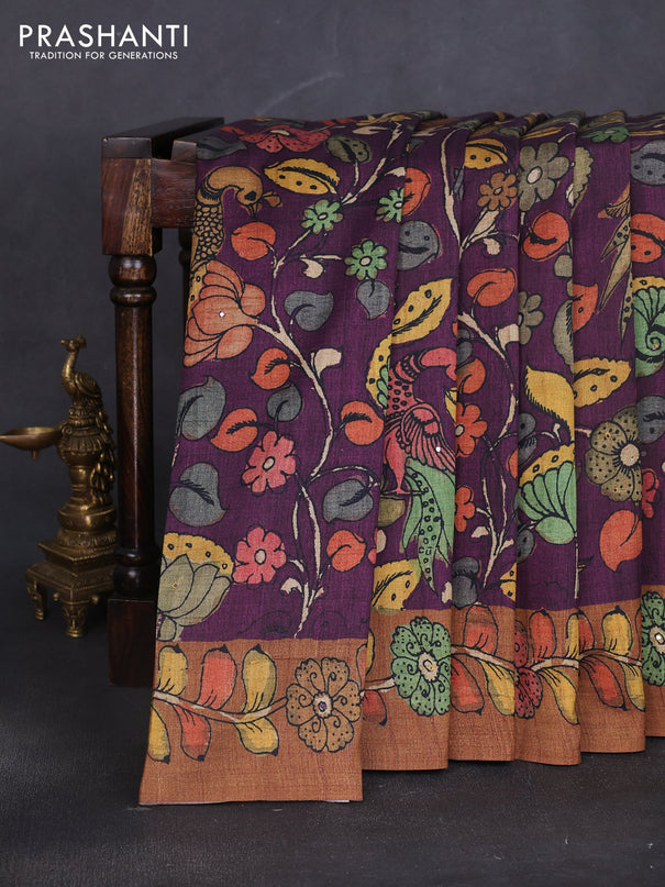 Semi tussar saree purple and brown with allover kalamkari prints and mirror work
