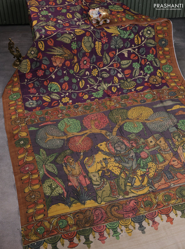 Semi tussar saree purple and brown with allover kalamkari prints and mirror work