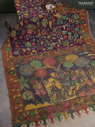 Semi tussar saree purple and brown with allover kalamkari prints and mirror work