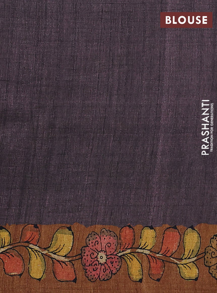 Semi tussar saree purple and brown with allover kalamkari prints and mirror work