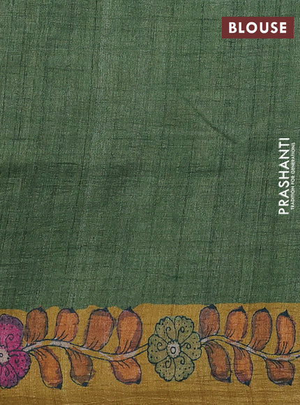 Semi tussar saree cs blue and green with allover kalamkari prints and mirror work