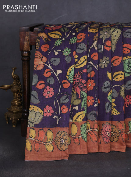 Semi tussar saree jamun and brown with allover kalamkari prints and mirror work