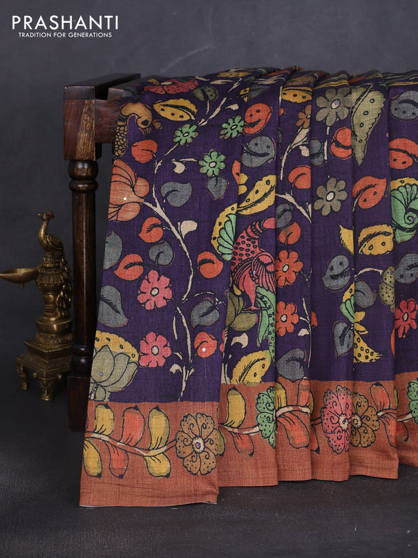 Semi tussar saree jamun and brown with allover kalamkari prints and mirror work
