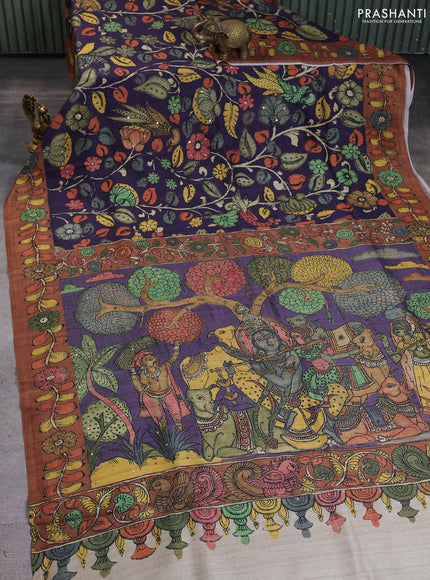Semi tussar saree jamun and brown with allover kalamkari prints and mirror work