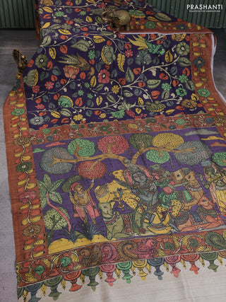 Semi tussar saree jamun and brown with allover kalamkari prints and mirror work
