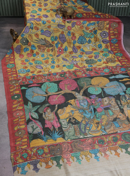 Semi tussar saree yellow and rustic orange with allover kalamkari prints and mirror work