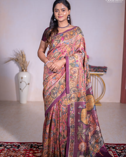 Semi tussar saree rust shade and pastel maroon with allover kalamkari prints and mirror work