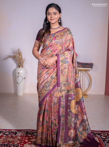 Semi tussar saree rust shade and pastel maroon with allover kalamkari prints and mirror work