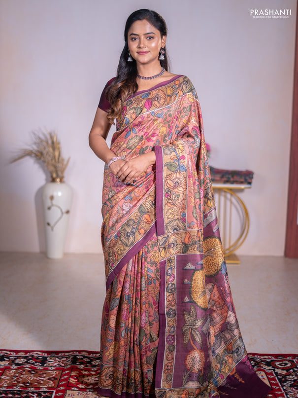 Semi tussar saree rust shade and pastel maroon with allover kalamkari prints and mirror work