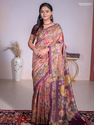 Semi tussar saree rust shade and pastel maroon with allover kalamkari prints and mirror work