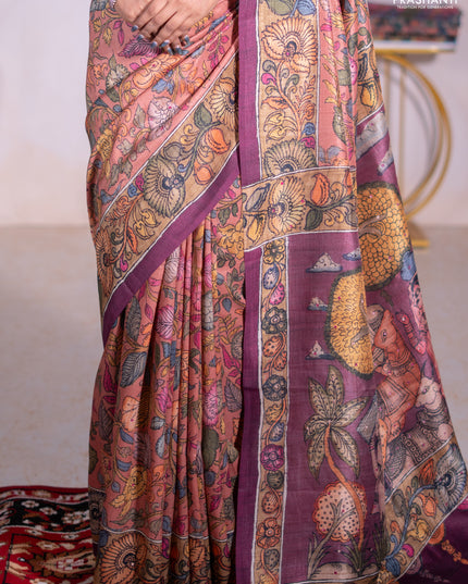 Semi tussar saree rust shade and pastel maroon with allover kalamkari prints and mirror work