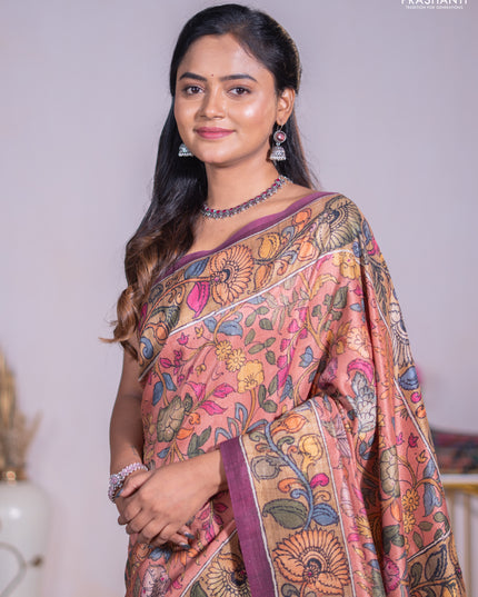 Semi tussar saree rust shade and pastel maroon with allover kalamkari prints and mirror work