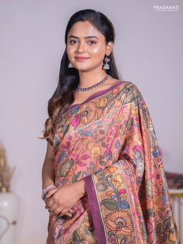 Semi tussar saree rust shade and pastel maroon with allover kalamkari prints and mirror work