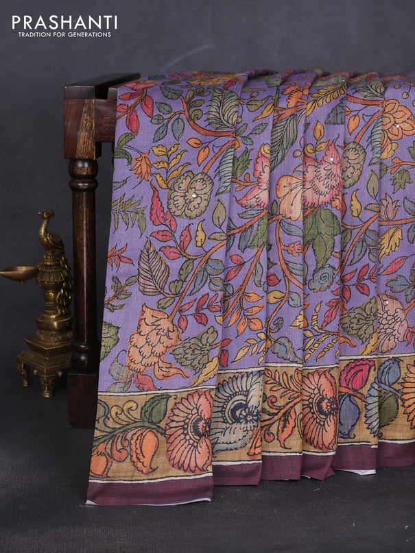 Semi tussar saree lavender and wine with allover kalamkari prints and mirror work