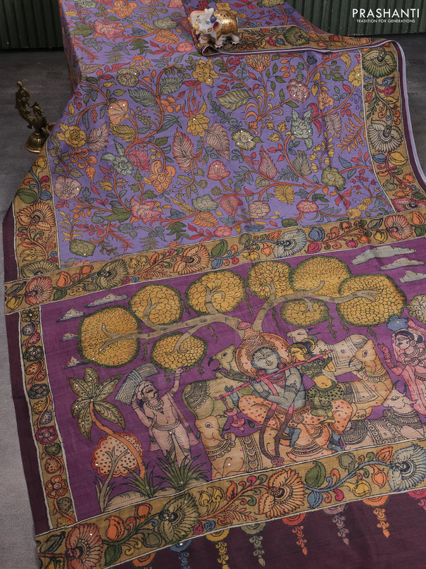 Semi tussar saree lavender and wine with allover kalamkari prints and mirror work