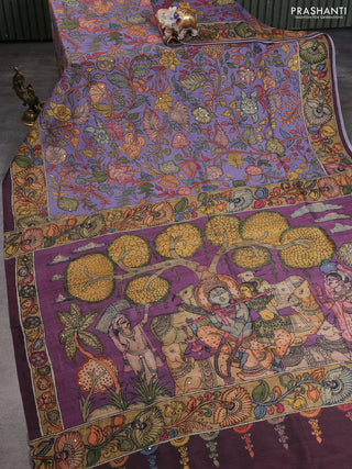 Semi tussar saree lavender and wine with allover kalamkari prints and mirror work