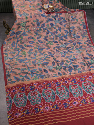 Semi tussar saree pastel peach and maroon with allover kalamkari prints and mirror work