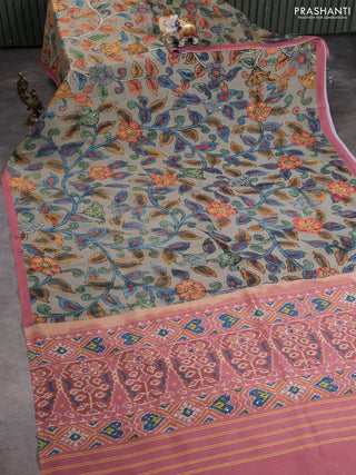 Semi tussar saree grey and dark peach with allover kalamkari prints and mirror work
