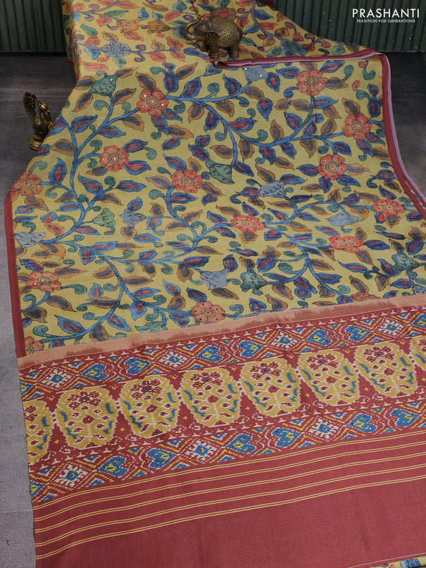 Semi tussar saree yellow and rust shade with allover kalamkari prints and mirror work