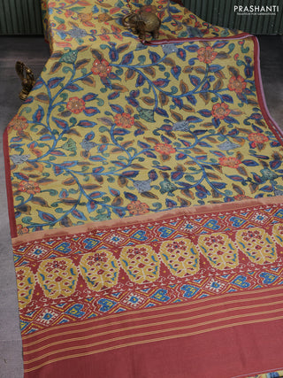 Semi tussar saree yellow and rust shade with allover kalamkari prints and mirror work
