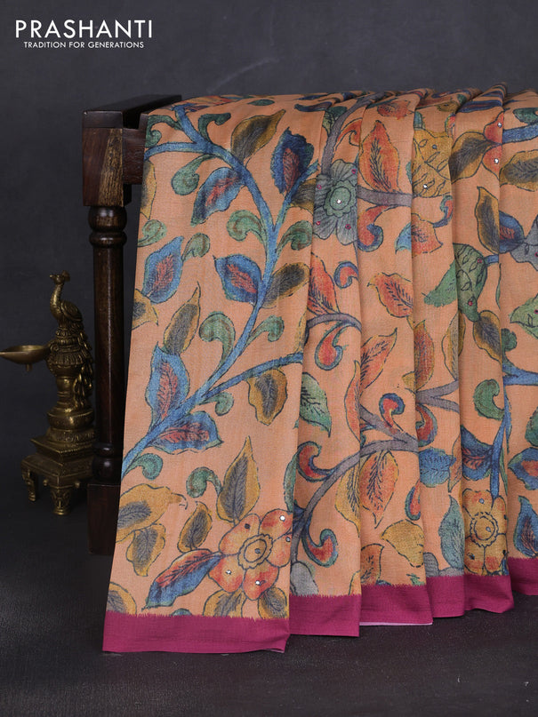 Semi tussar saree orange and pink with allover kalamkari prints and mirror work