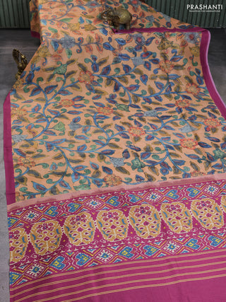 Semi tussar saree orange and pink with allover kalamkari prints and mirror work